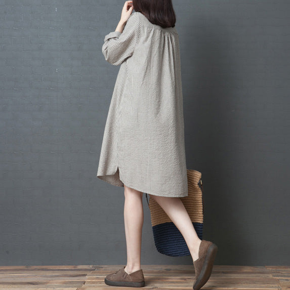 Simple Long Sleeve Linen Dress Organic Work Outfits Black Striped Art Dress Stand Collar