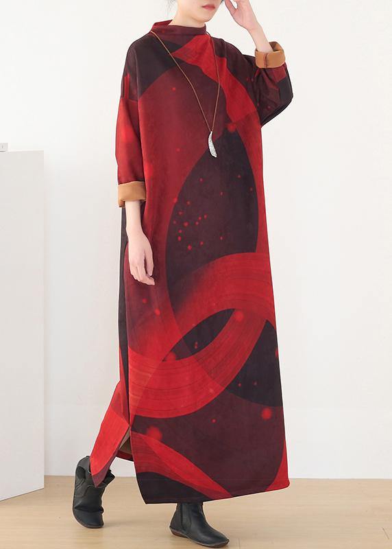 Simple Loose Waist Cotton O Neckclothes Tunic Tops Red Priints Loose Dresses