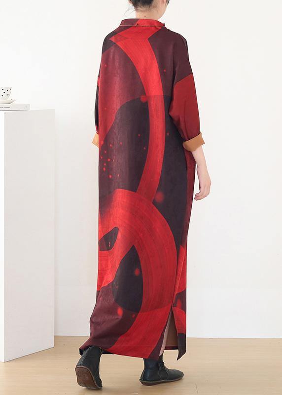 Simple Loose Waist Cotton O Neckclothes Tunic Tops Red Priints Loose Dresses