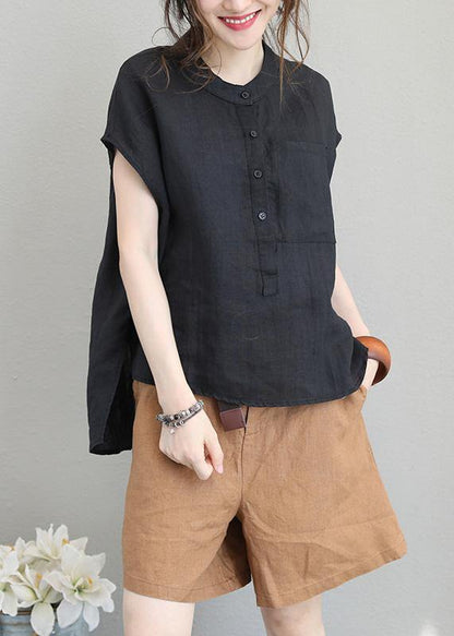 Simple Low High Design Linen Tunic Wardrobes Black Top Summer