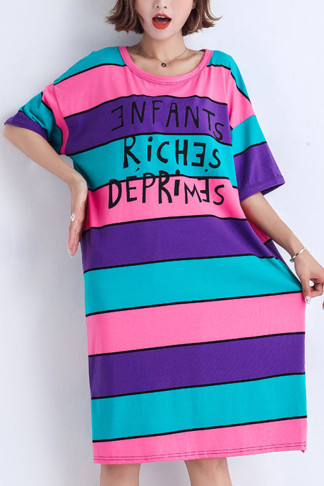 Simple Multicolor Cotton Long Shirts Stitches Work Outfits O Neck Side Open Midi Summer Dress