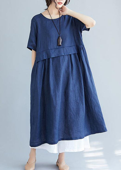 Simple Navy Cotton Quilting Dresses O Neck Pockets Loose Summer Dress