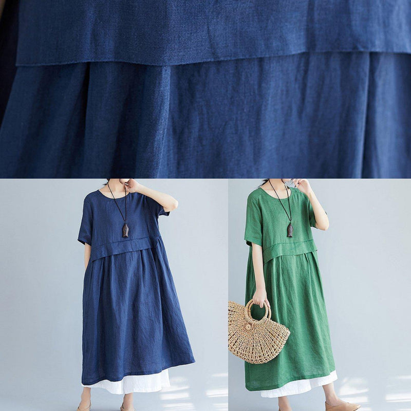 Simple Navy Cotton Quilting Dresses O Neck Pockets Loose Summer Dress