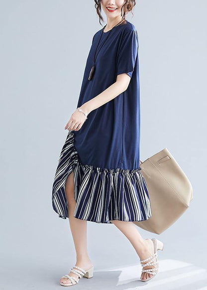 Simple Navy Patchwork Striped Cotton Tunics O Neck Long Summer Dress
