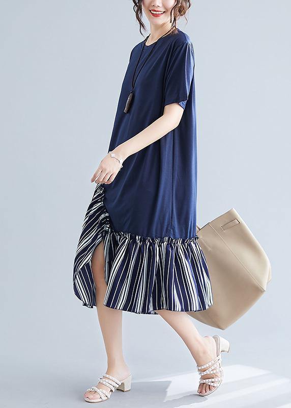Simple Navy Patchwork Striped Cotton Tunics O Neck Long Summer Dress