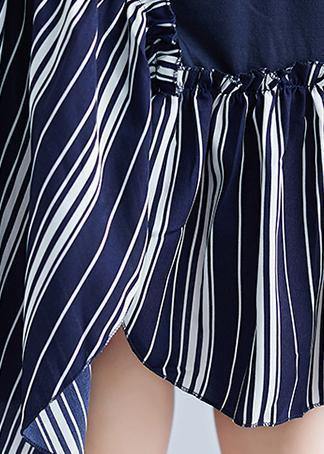 Simple Navy Patchwork Striped Cotton Tunics O Neck Long Summer Dress