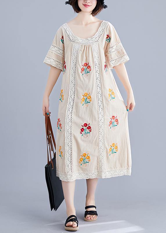Simple Nude Embroidery Cotton Clothes O Neck Pockets Robes Summer Dress