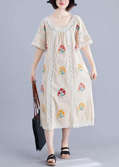 Simple Nude Embroidery Cotton Clothes O Neck Pockets Robes Summer Dress