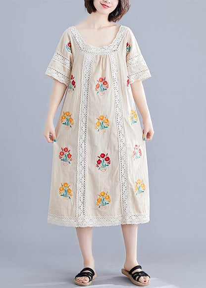 Simple Nude Embroidery Cotton Clothes O Neck Pockets Robes Summer Dress