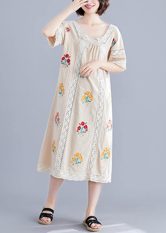 Simple Nude Embroidery Cotton Clothes O Neck Pockets Robes Summer Dress