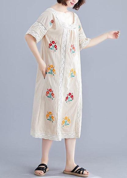 Simple Nude Embroidery Cotton Clothes O Neck Pockets Robes Summer Dress