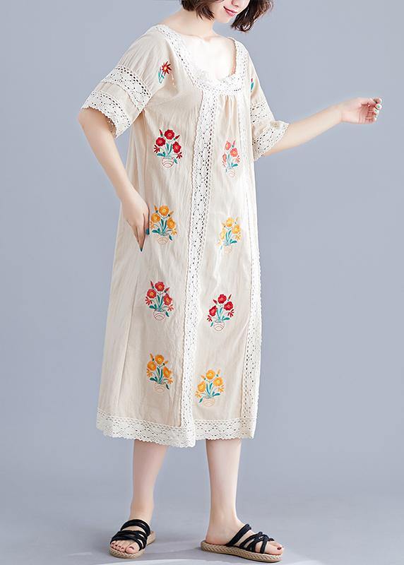Simple Nude Embroidery Cotton Clothes O Neck Pockets Robes Summer Dress