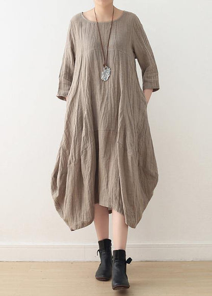 Simple Nude Linen Long Shirts O Neck Asymmetric Linen Robes Dresses