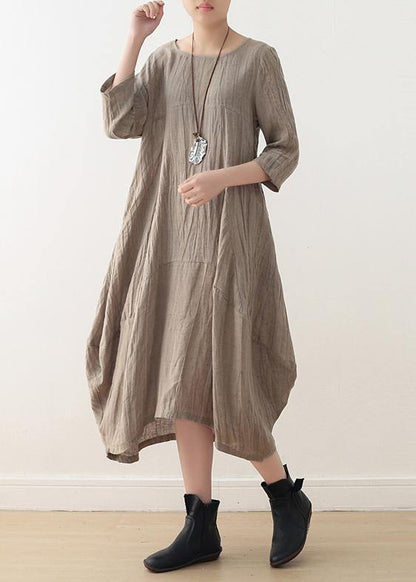 Simple Nude Linen Long Shirts O Neck Asymmetric Linen Robes Dresses