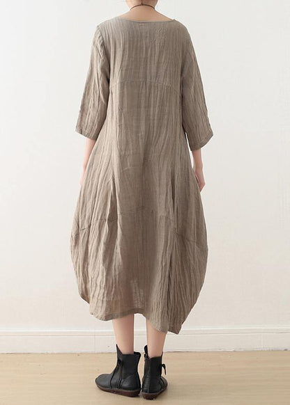 Simple Nude Linen Long Shirts O Neck Asymmetric Linen Robes Dresses