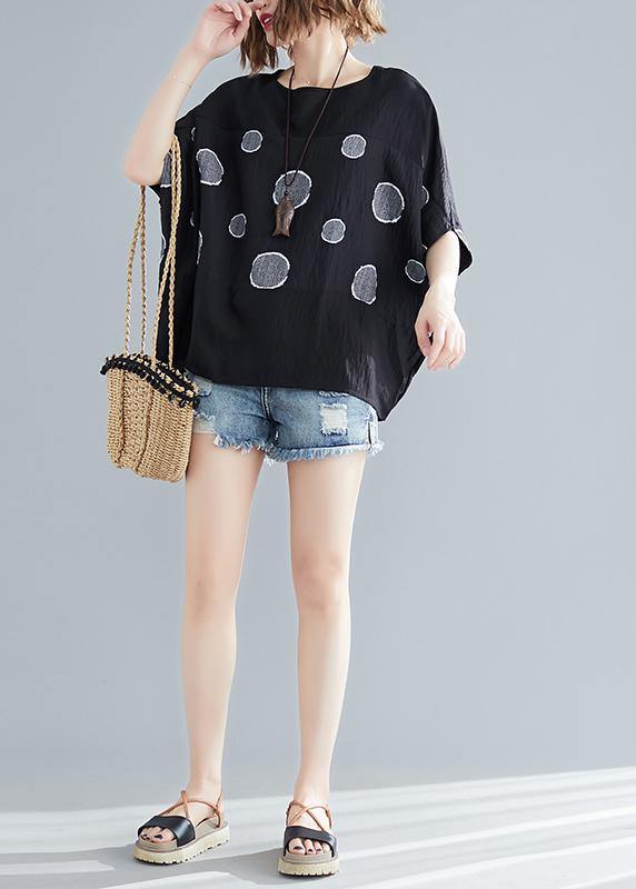 Simple O Neck Batwing Sleeve Cotton Clothes for Outfits Black Dotted Oversized Blouse Summer
