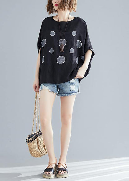 Simple O Neck Batwing Sleeve Cotton Clothes for Outfits Black Dotted Oversized Blouse Summer