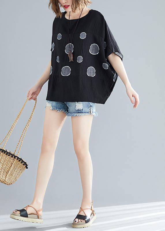 Simple O Neck Batwing Sleeve Cotton Clothes for Outfits Black Dotted Oversized Blouse Summer