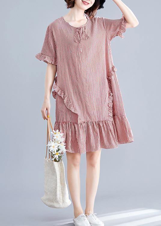 Simple O Neck Ruffles Cotton Clothes Inspiration Red Plaid Dress