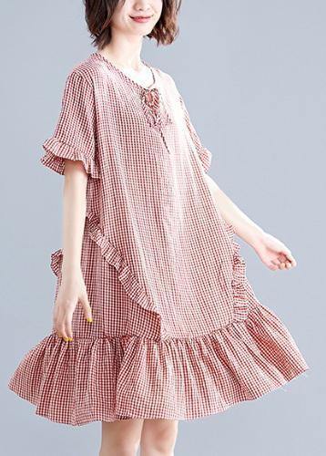 Simple O Neck Ruffles Cotton Clothes Inspiration Red Plaid Dress