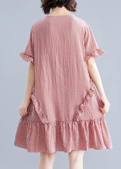 Simple O Neck Ruffles Cotton Clothes Inspiration Red Plaid Dress