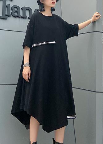 Simple O Neck Asymmetric Cotton Summer Clothes Work Black Dresses