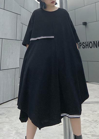 Simple O Neck Asymmetric Cotton Summer Clothes Work Black Dresses
