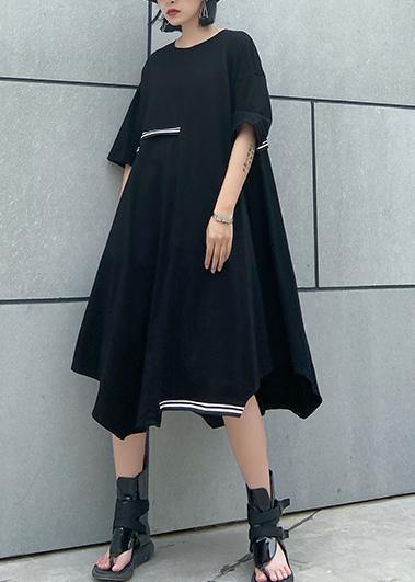 Simple O Neck Asymmetric Cotton Summer Clothes Work Black Dresses