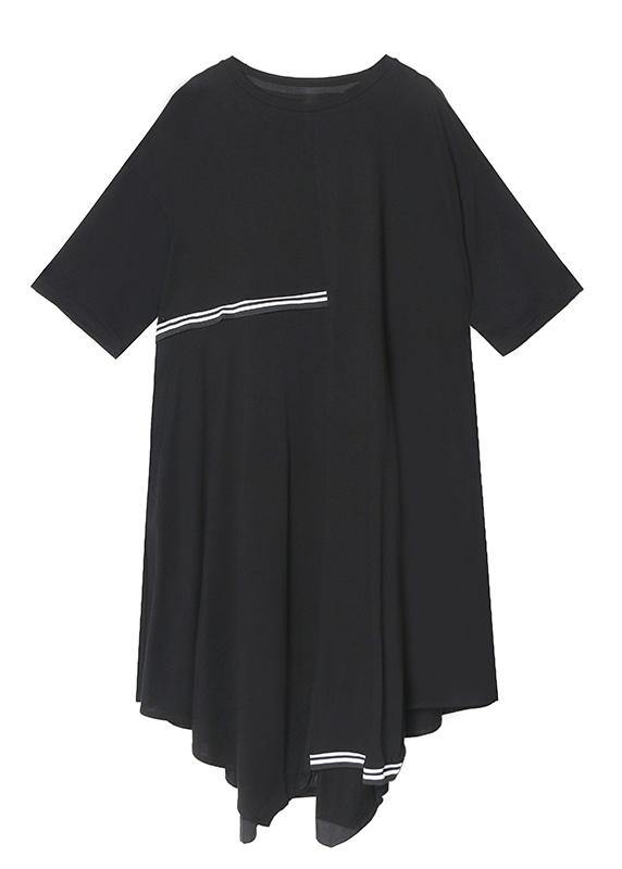 Simple O Neck Asymmetric Cotton Summer Clothes Work Black Dresses