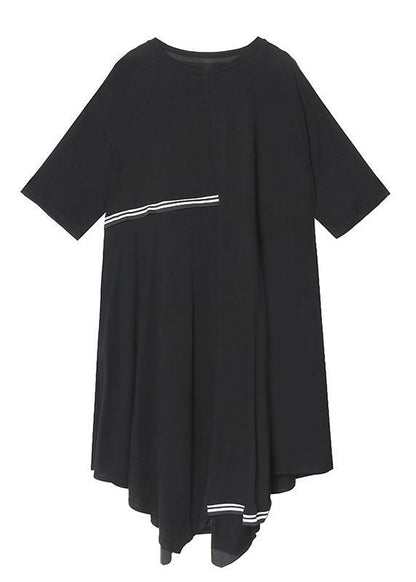 Simple O Neck Asymmetric Cotton Summer Clothes Work Black Dresses