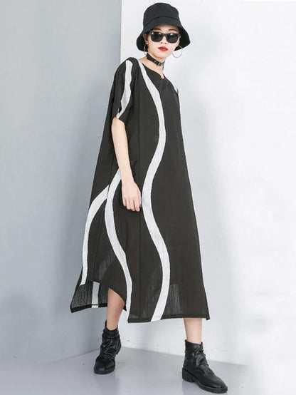 Simple O Neck Asymmetric Chiffon Dress Black Striped Dress