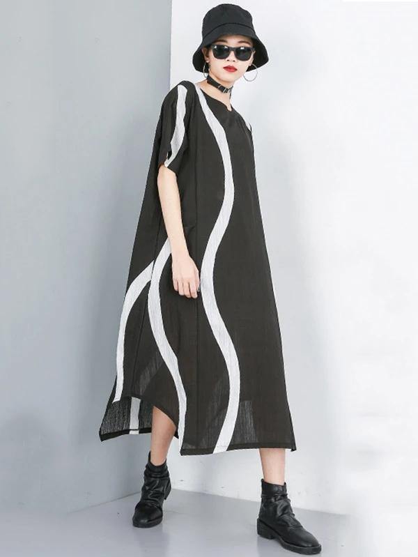 Simple O Neck Asymmetric Chiffon Dress Black Striped Dress