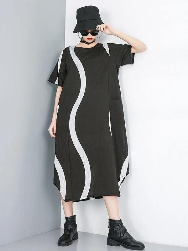 Simple O Neck Asymmetric Chiffon Dress Black Striped Dress
