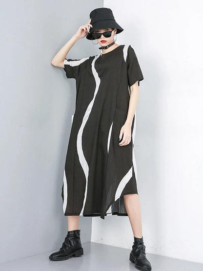 Simple O Neck Asymmetric Chiffon Dress Black Striped Dress