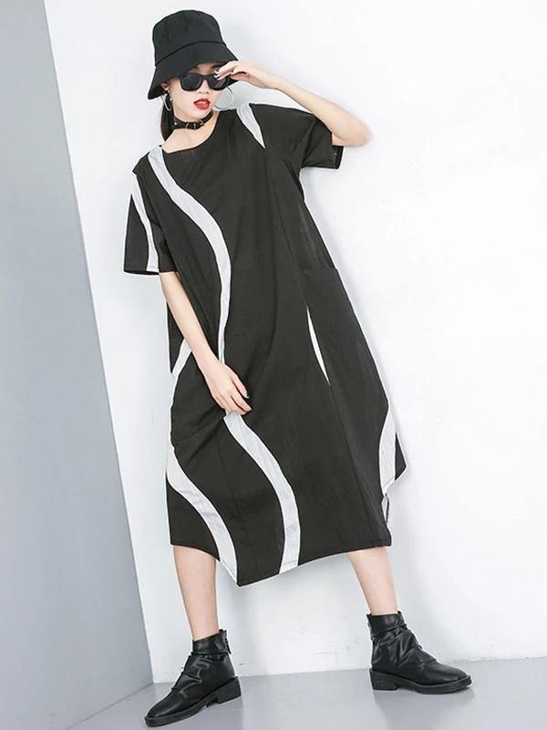 Simple O Neck Asymmetric Chiffon Dress Black Striped Dress