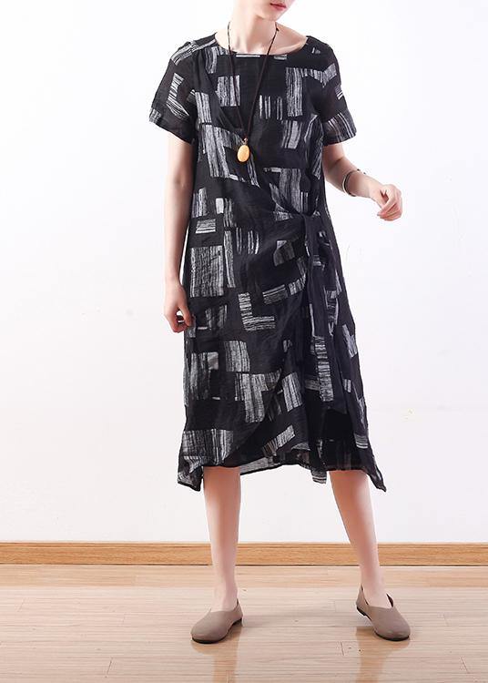 Simple O Neck Asymmetric Linen Dresses Black Print Dress