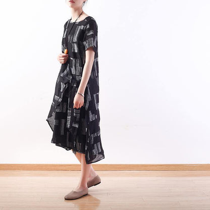 Simple O Neck Asymmetric Linen Dresses Black Print Dress