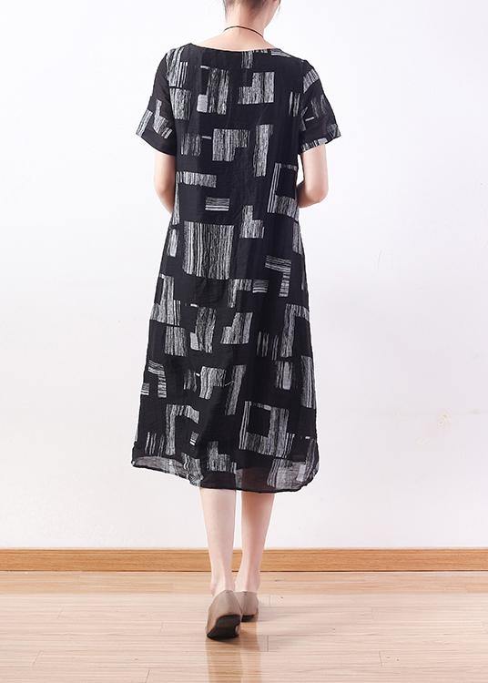 Simple O Neck Asymmetric Linen Dresses Black Print Dress