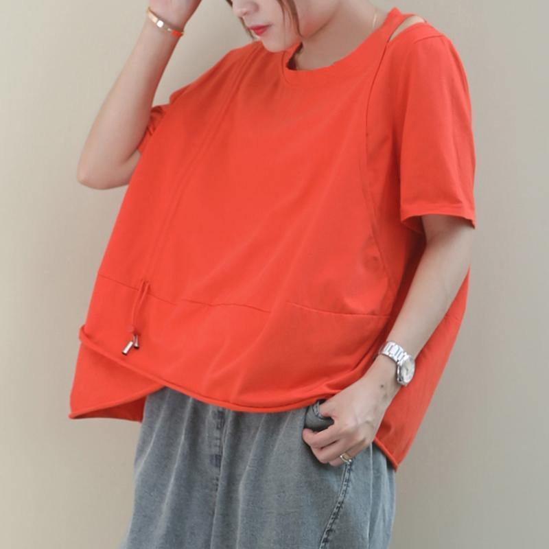 Simple O Neck Baggy Cotton Blouse Design Orange Blouse