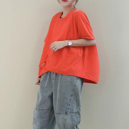 Simple O Neck Baggy Cotton Blouse Design Orange Blouse
