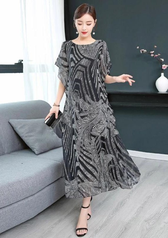 Simple O Neck Chiffon Wardrobes Sewing Black Print Kaftan Dress
