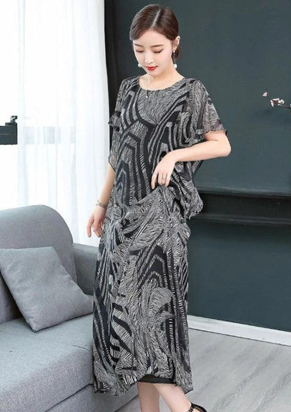 Simple O Neck Chiffon Wardrobes Sewing Black Print Kaftan Dress
