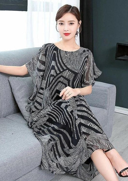 Simple O Neck Chiffon Wardrobes Sewing Black Print Kaftan Dress