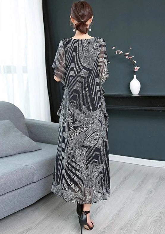 Simple O Neck Chiffon Wardrobes Sewing Black Print Kaftan Dress