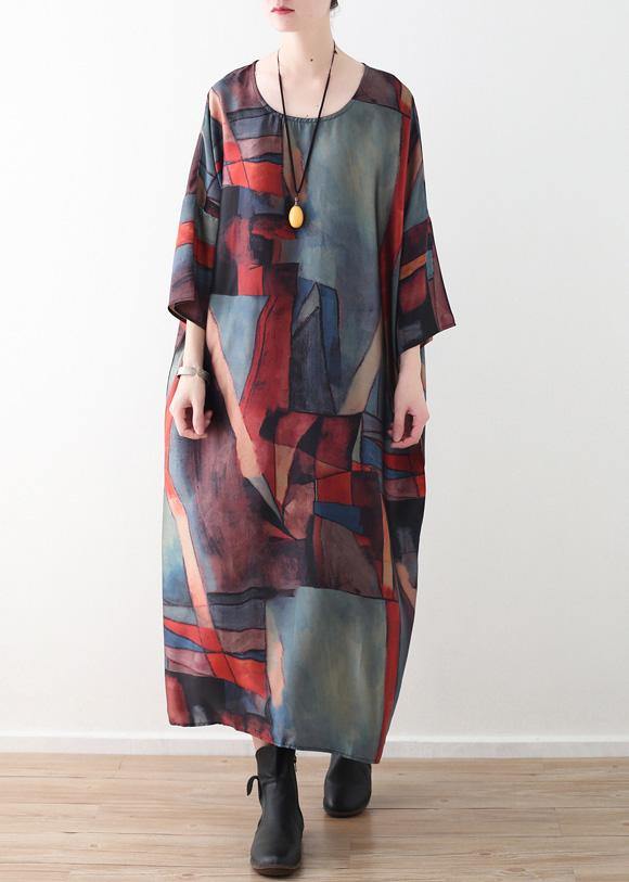 Simple O Neck Chiffon Clothes Outfits Red Green Patchwork Color Robe Dresses Summer