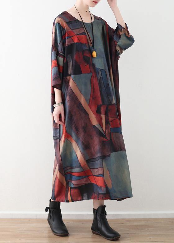 Simple O Neck Chiffon Clothes Outfits Red Green Patchwork Color Robe Dresses Summer
