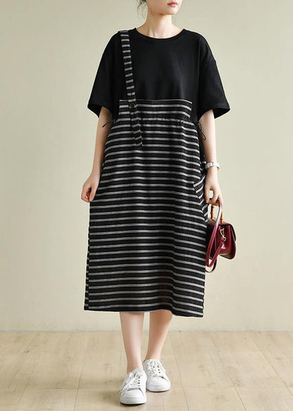 Simple O Neck Clothes Runway Black Patchwork Striped Maxi Dress