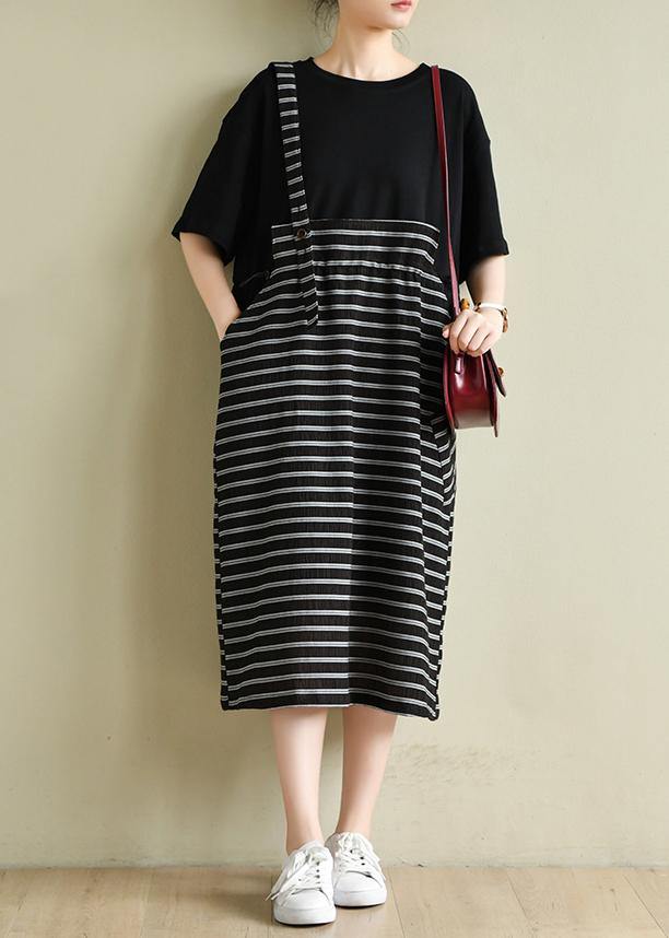 Simple O Neck Clothes Runway Black Patchwork Striped Maxi Dress
