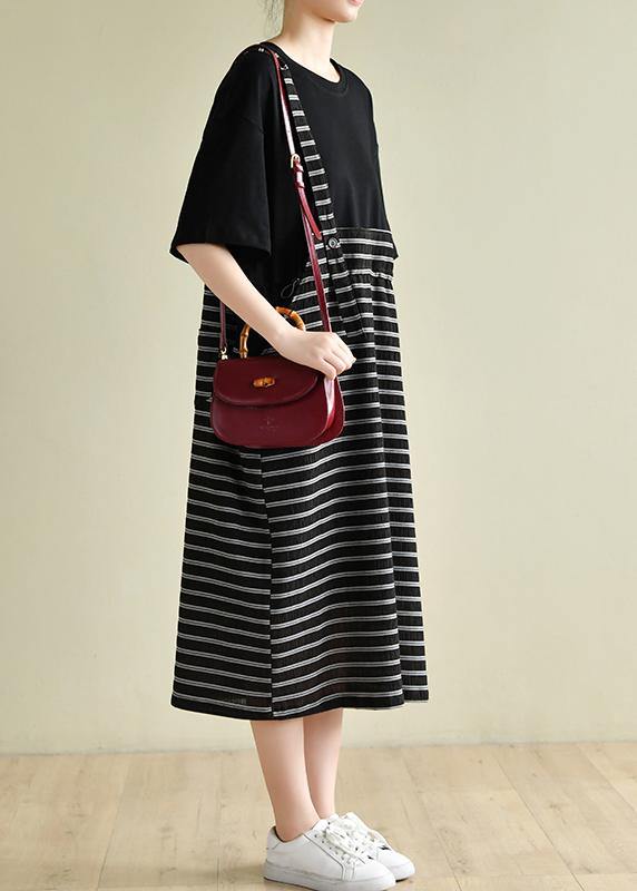 Simple O Neck Clothes Runway Black Patchwork Striped Maxi Dress