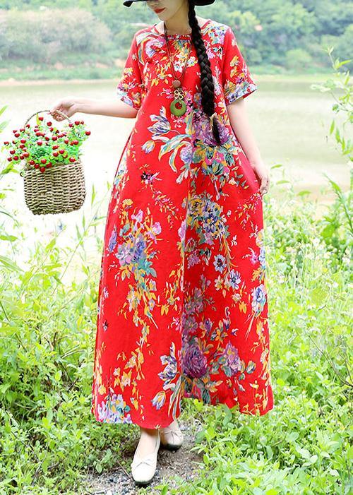 Simple O Neck Cotton Wardrobes Sewing Red Prints Traveling Dresses Summer
